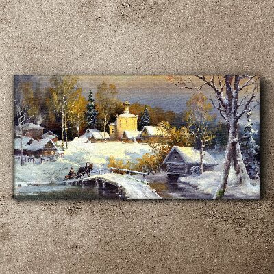 Canvas schilderij Winterlandschap met een dorpskerk