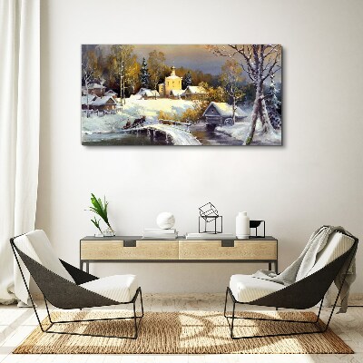 Canvas schilderij Winterlandschap met een dorpskerk