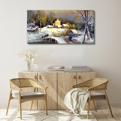 Canvas schilderij Winterlandschap met een dorpskerk