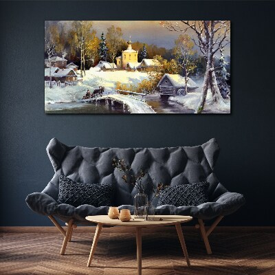 Canvas schilderij Winterlandschap met een dorpskerk