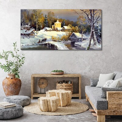 Canvas schilderij Winterlandschap met een dorpskerk