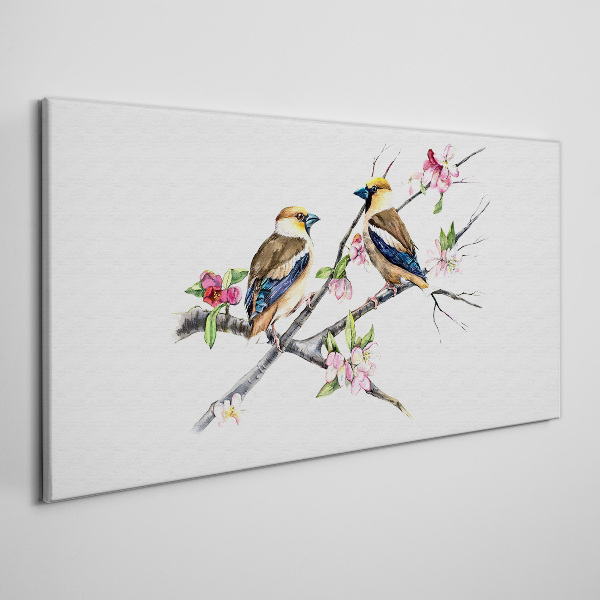 Canvas schilderij Vogels op een tak tussen bloemen