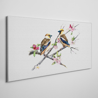 Canvas schilderij Vogels op een tak tussen bloemen