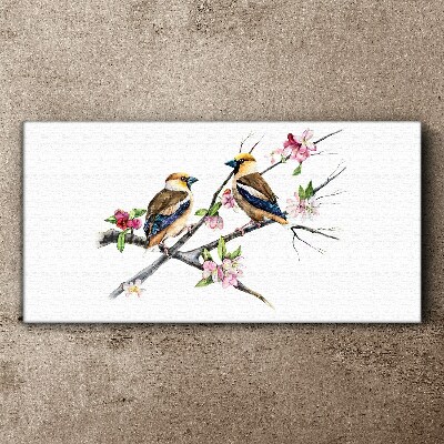 Canvas schilderij Vogels op een tak tussen bloemen