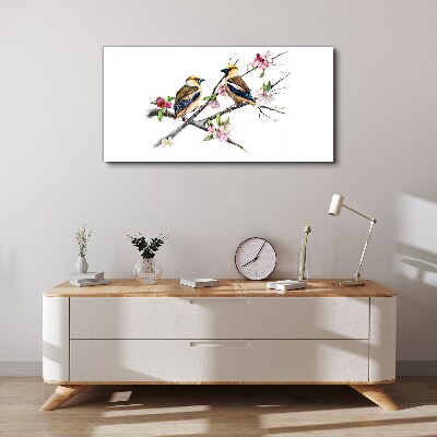 Canvas schilderij Vogels op een tak tussen bloemen