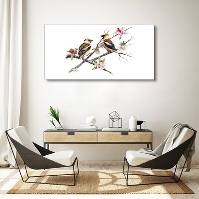 Canvas schilderij Vogels op een tak tussen bloemen