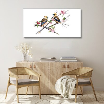 Canvas schilderij Vogels op een tak tussen bloemen