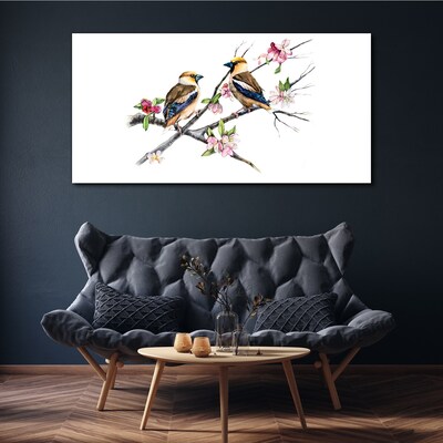 Canvas schilderij Vogels op een tak tussen bloemen