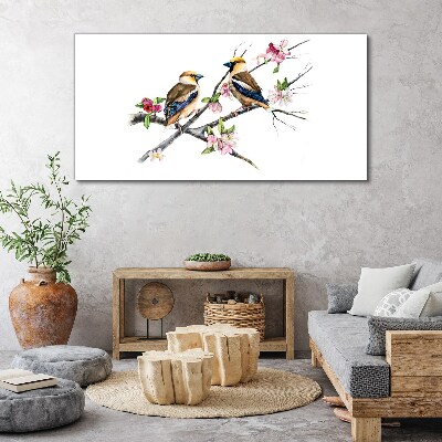 Canvas schilderij Vogels op een tak tussen bloemen