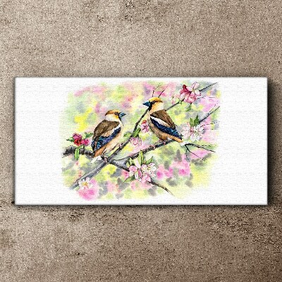 Schilderij op doek Vogels op een tak met bloemen