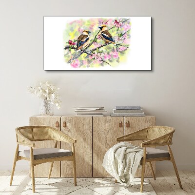 Schilderij op doek Vogels op een tak met bloemen