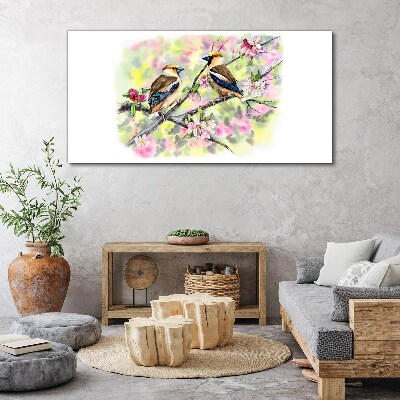 Schilderij op doek Vogels op een tak met bloemen