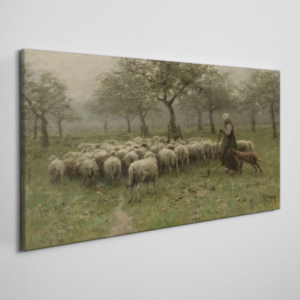 Canvas schilderij Schapen grazen in een mystiek landschap