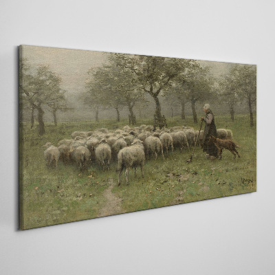 Canvas schilderij Schapen grazen in een mystiek landschap