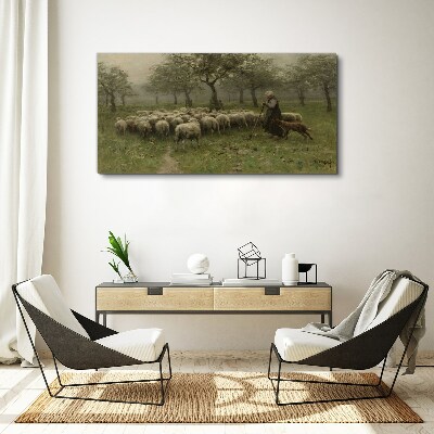 Canvas schilderij Schapen grazen in een mystiek landschap