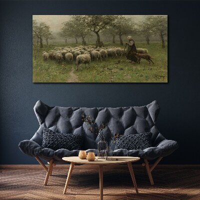 Canvas schilderij Schapen grazen in een mystiek landschap