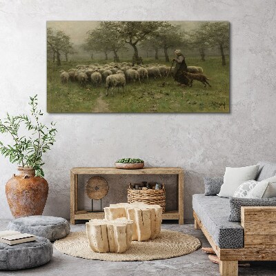 Canvas schilderij Schapen grazen in een mystiek landschap