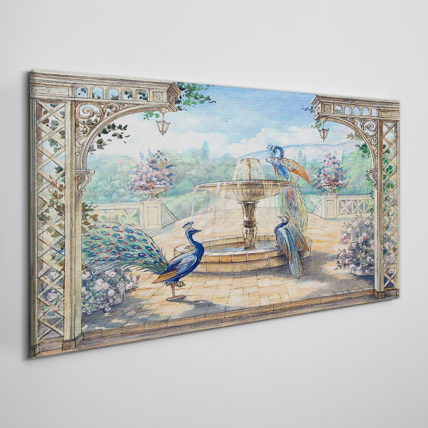 Canvas schilderij Landschap met een pauw en een fontein