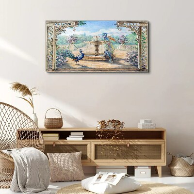 Canvas schilderij Landschap met een pauw en een fontein
