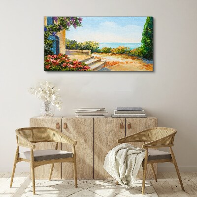 Canvas schilderij Zeegezicht met bloemen