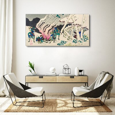 Canvas schilderij Winterlandschap met mensen rond een kampvuur