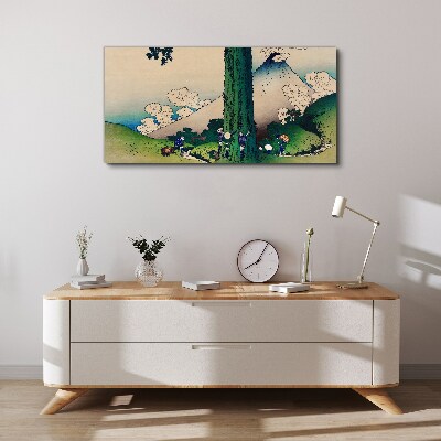 Canvas schilderij Japans dorp met een vulkaan