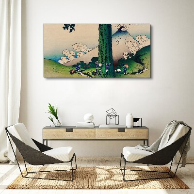 Canvas schilderij Japans dorp met een vulkaan