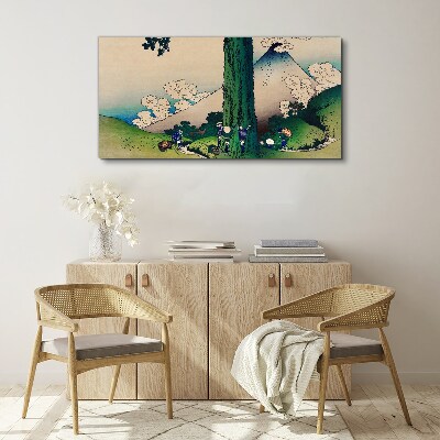 Canvas schilderij Japans dorp met een vulkaan