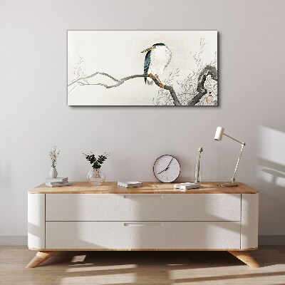 Schilderij op doek Een vogel op een tak in een delicaat landschap