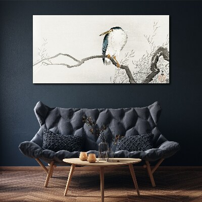 Schilderij op doek Een vogel op een tak in een delicaat landschap