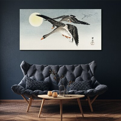 Foto op canvas Ganzen in vlucht onder volle maan