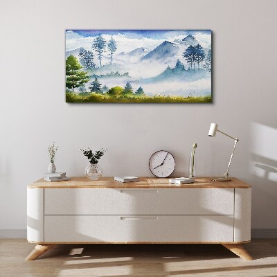 Schilderij op doek Berglandschap in de ochtendmist