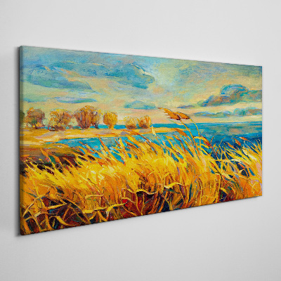 Canvas schilderij Gouden grassen boven blauw water