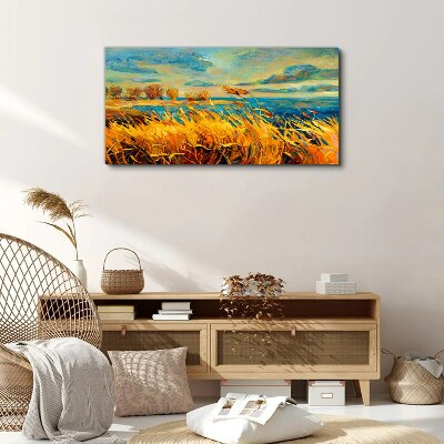 Canvas schilderij Gouden grassen boven blauw water