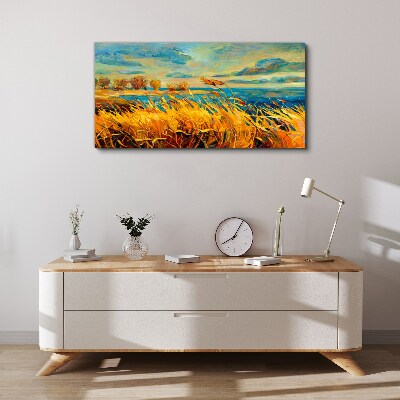 Canvas schilderij Gouden grassen boven blauw water