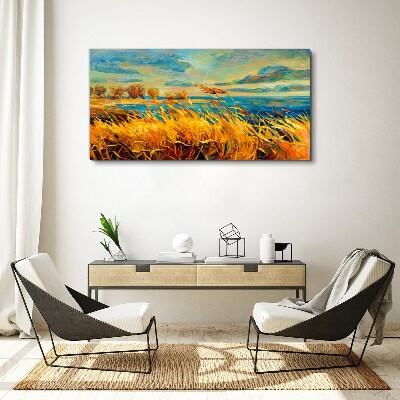 Canvas schilderij Gouden grassen boven blauw water