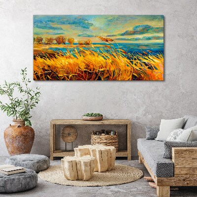 Canvas schilderij Gouden grassen boven blauw water