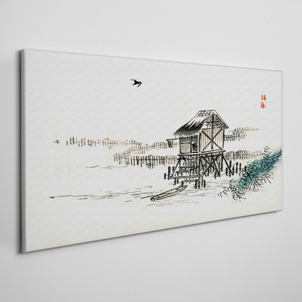 Canvas schilderij Een rustig huisje aan het water