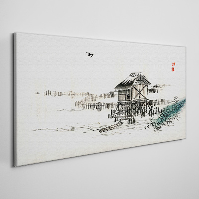 Canvas schilderij Een rustig huisje aan het water