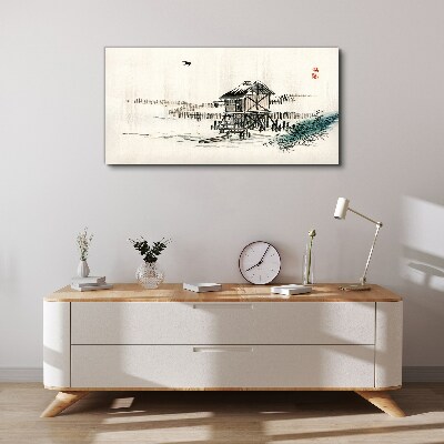 Canvas schilderij Een rustig huisje aan het water