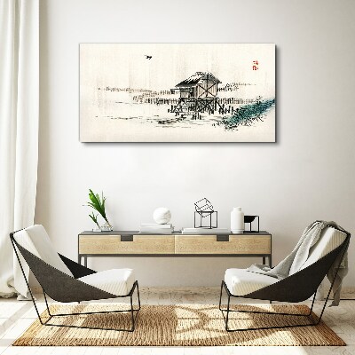 Canvas schilderij Een rustig huisje aan het water