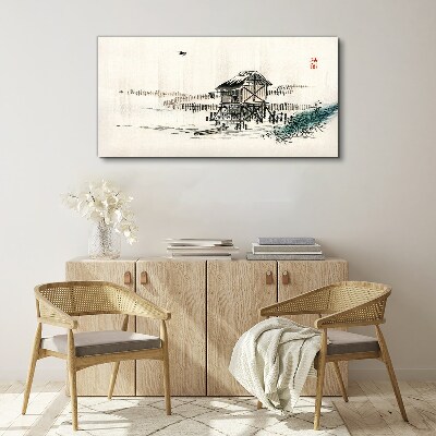 Canvas schilderij Een rustig huisje aan het water