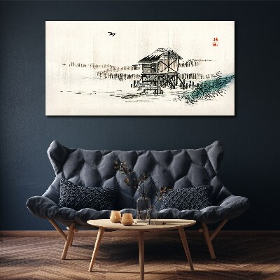 Canvas schilderij Een rustig huisje aan het water