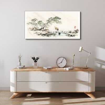 Foto op canvas Een vredig landschap met een brug