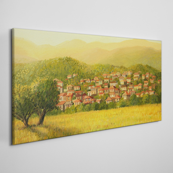 Foto op canvas Een zonnig dorp tussen de heuvels