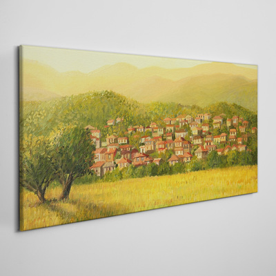 Foto op canvas Een zonnig dorp tussen de heuvels