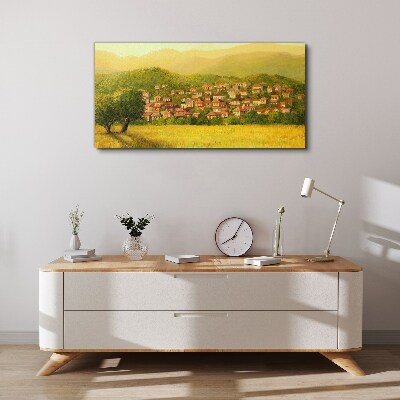 Foto op canvas Een zonnig dorp tussen de heuvels