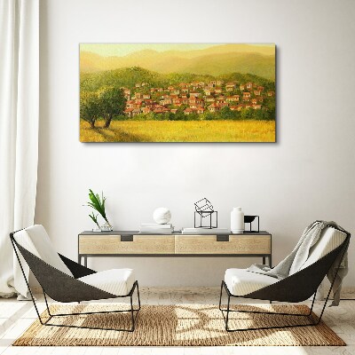 Foto op canvas Een zonnig dorp tussen de heuvels