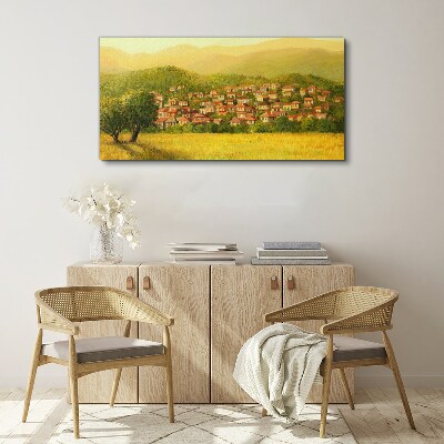 Foto op canvas Een zonnig dorp tussen de heuvels