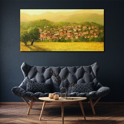 Foto op canvas Een zonnig dorp tussen de heuvels